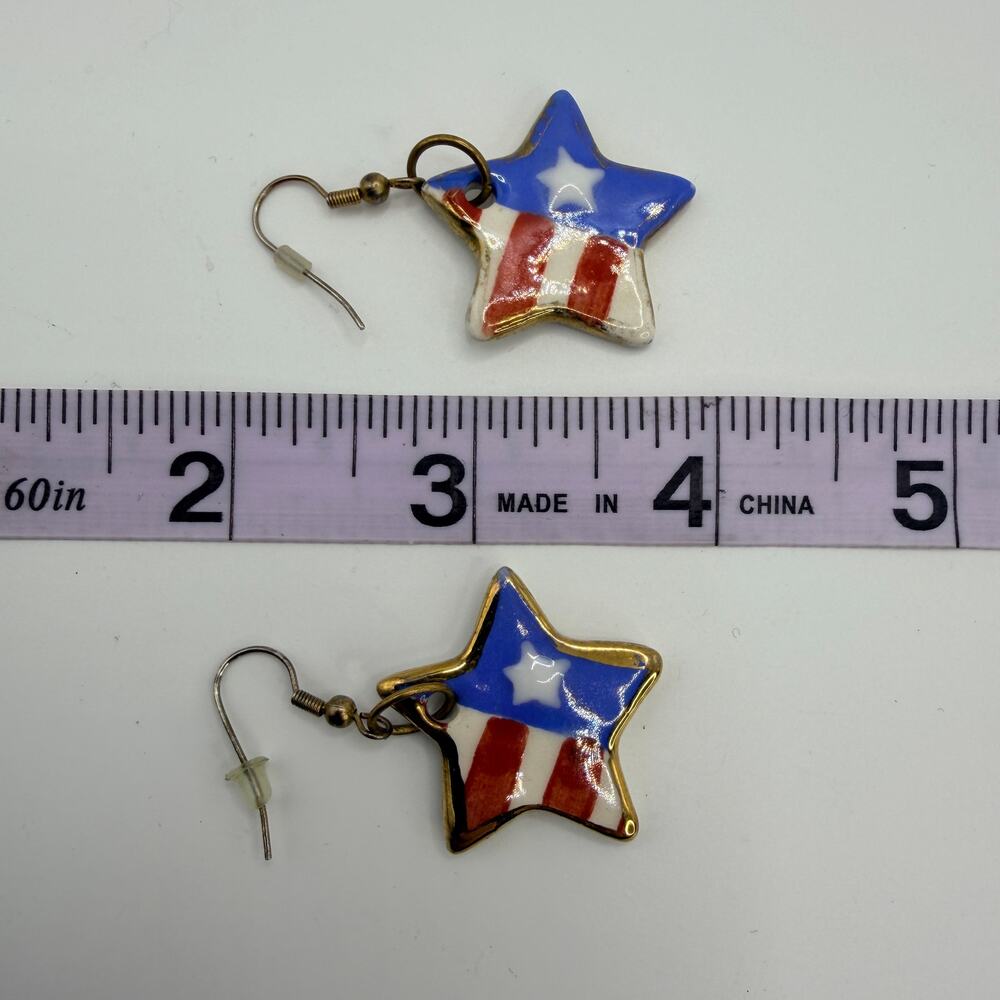 Patriotic star American flag USA July 4th hand painted porcelain earrings - Picture 6 of 6